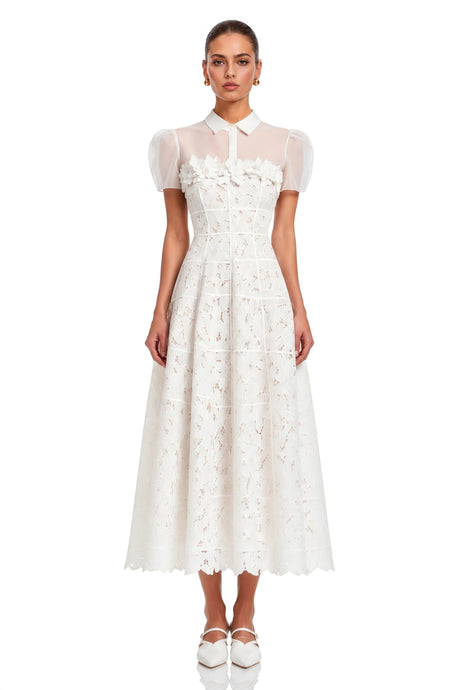 Iside Midi Dress White Mesh Panel with Lace Applique