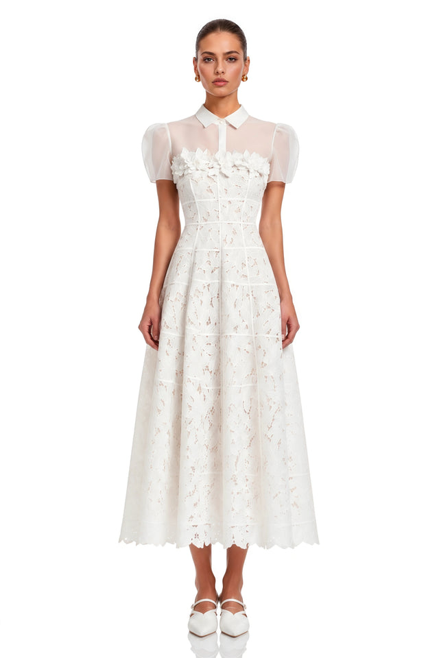 Philippa White Mesh Panel Midi Dress with Lace Applique