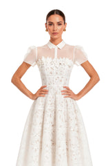 Philippa White Mesh Panel Midi Dress with Lace Applique
