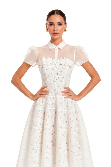 Iside Midi Dress White Mesh Panel with Lace Applique