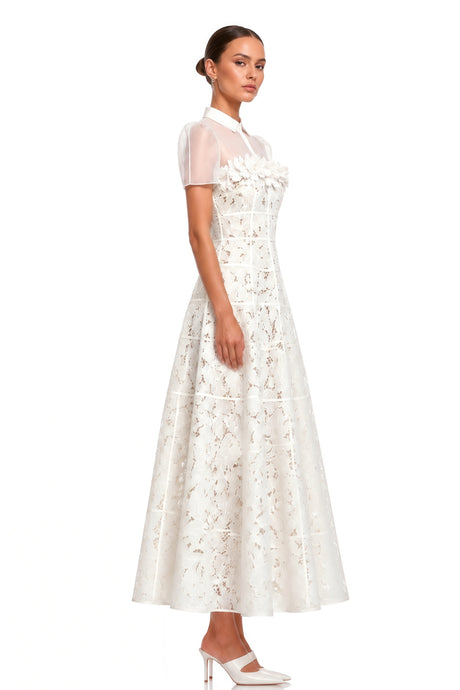 Iside Midi Dress White Mesh Panel with Lace Applique