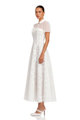 Philippa White Mesh Panel Midi Dress with Lace Applique