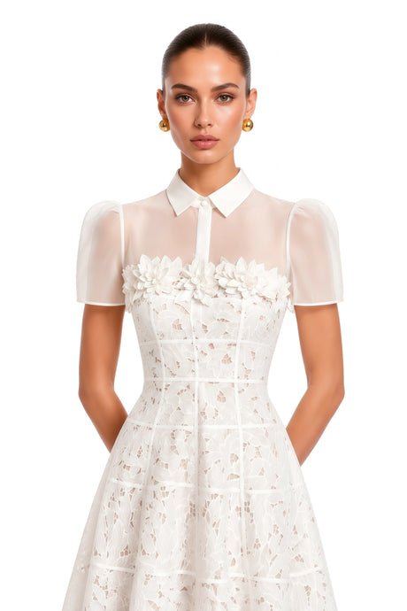 Iside Midi Dress White Mesh Panel with Lace Applique