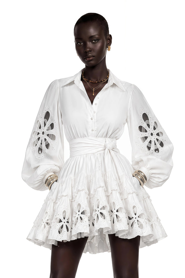 Philomena White CutOut Floral Ruffled Mini Dress