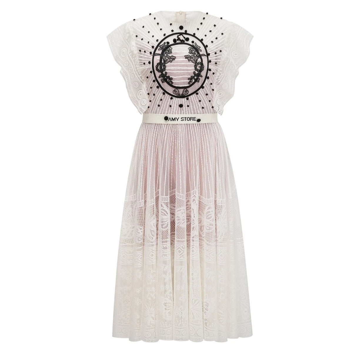 Phoebe White Jacquard Florallace Pleated Midi Dress