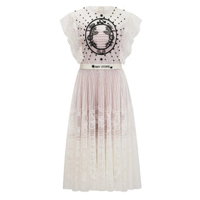 Phoebe White Jacquard Florallace Pleated Midi Dress