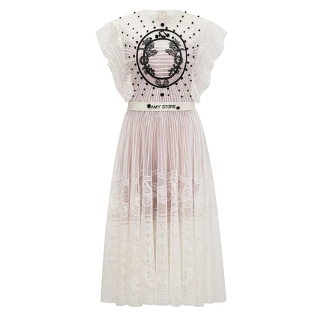 Brinley Midi Dress White Jacquard Floral-lace Pleated