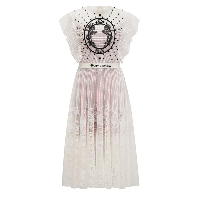 Phoebe White Jacquard Florallace Pleated Midi Dress