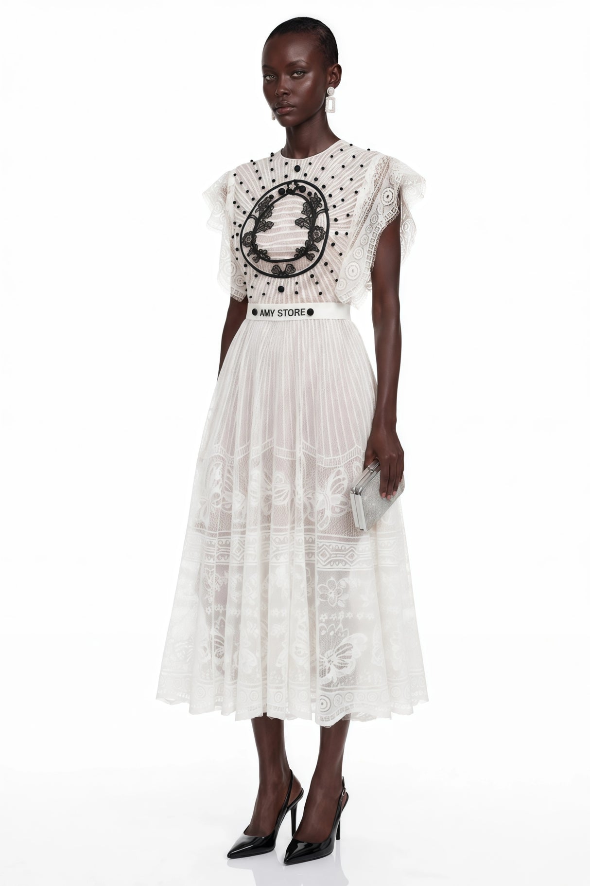 Phoebe White Jacquard Florallace Pleated Midi Dress