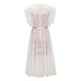 Phoebe White Jacquard Florallace Pleated Midi Dress