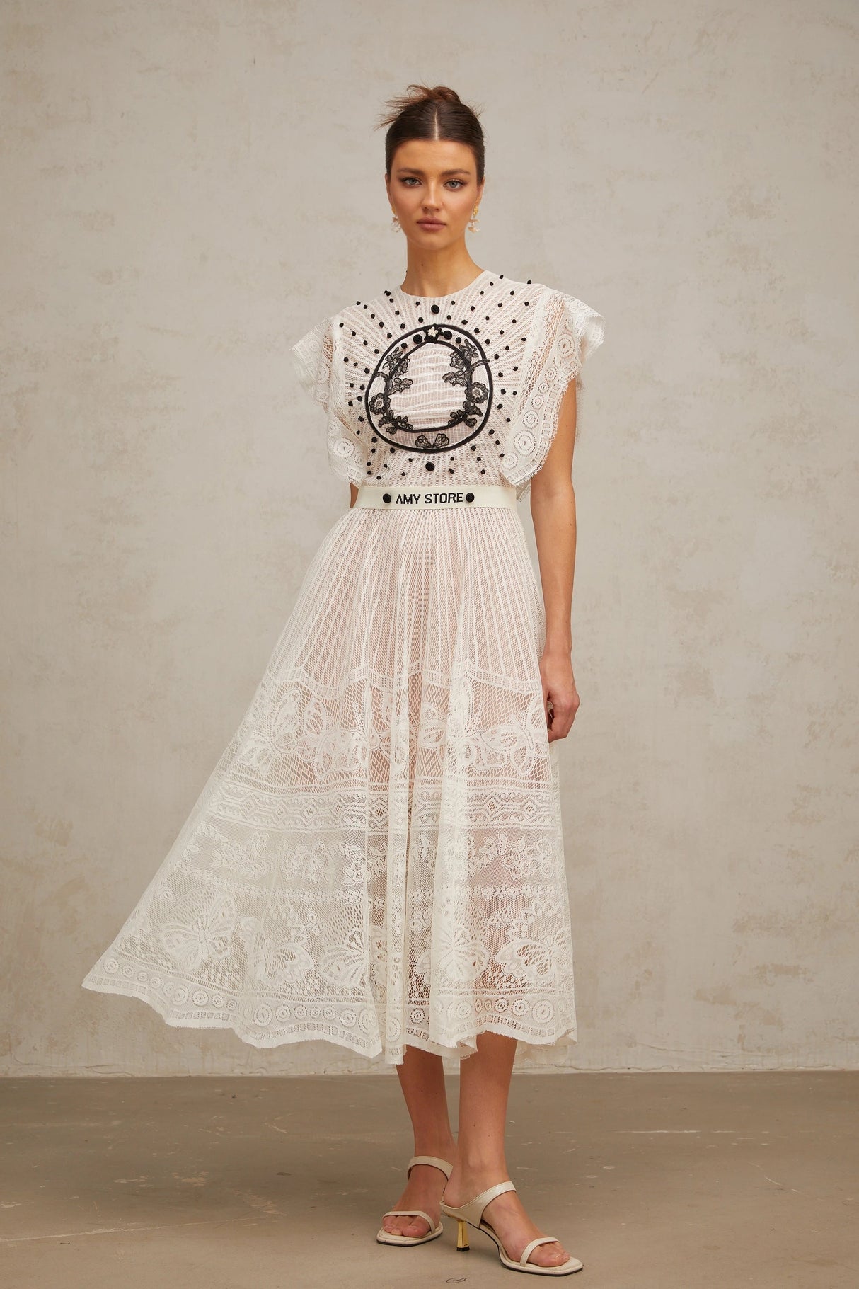 Phoebe White Jacquard Florallace Pleated Midi Dress