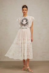 Phoebe White Jacquard Florallace Pleated Midi Dress