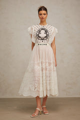 Phoebe White Jacquard Florallace Pleated Midi Dress