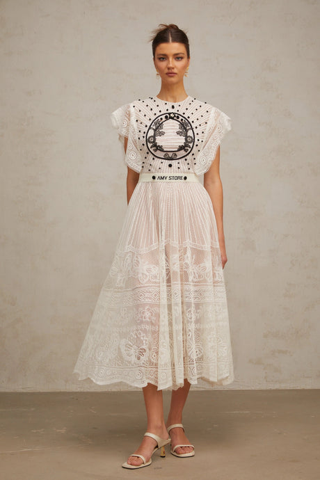 Brinley Midi Dress White Jacquard Floral-lace Pleated