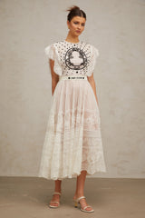 Phoebe White Jacquard Florallace Pleated Midi Dress