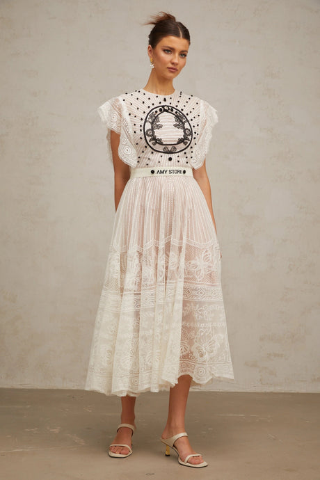 Brinley Midi Dress White Jacquard Floral-lace Pleated