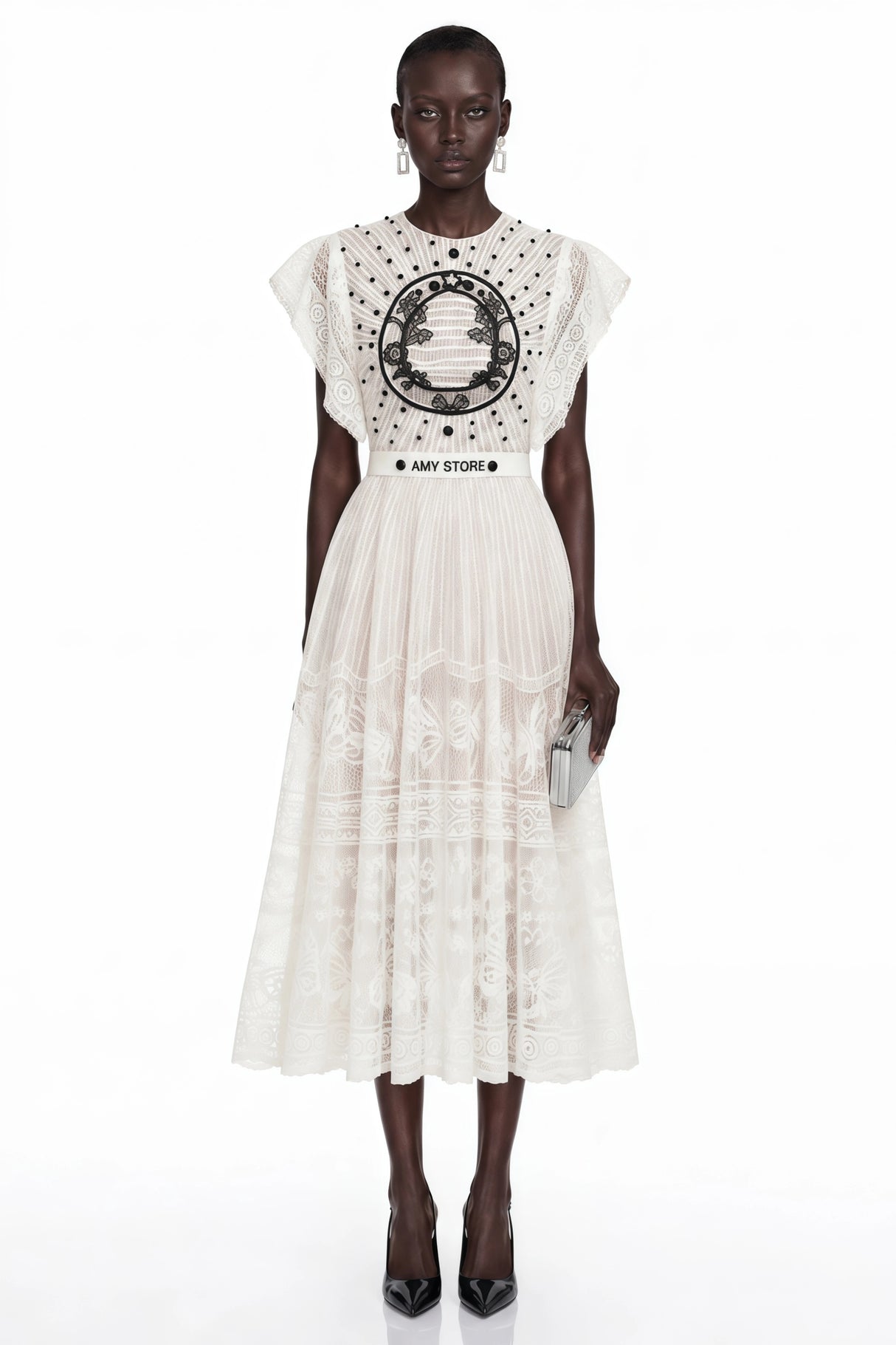 Phoebe White Jacquard Florallace Pleated Midi Dress