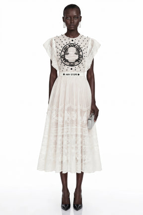Phoebe White Jacquard Florallace Pleated Midi Dress