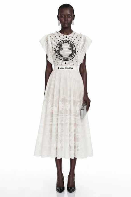 Chelsea Midi Dress White Jacquard Floral-lace Pleated