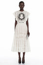 Phoebe White Jacquard Florallace Pleated Midi Dress