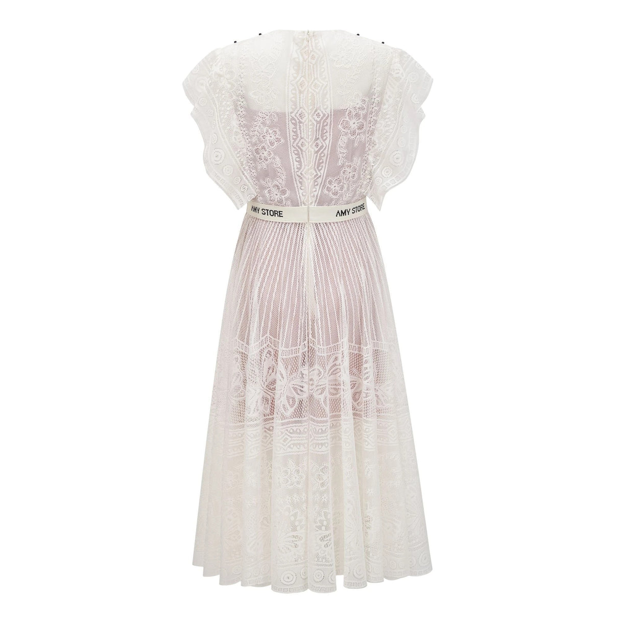 Phoebe White Jacquard Florallace Pleated Midi Dress