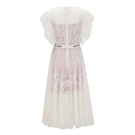 Chelsea Midi Dress White Jacquard Floral-lace Pleated