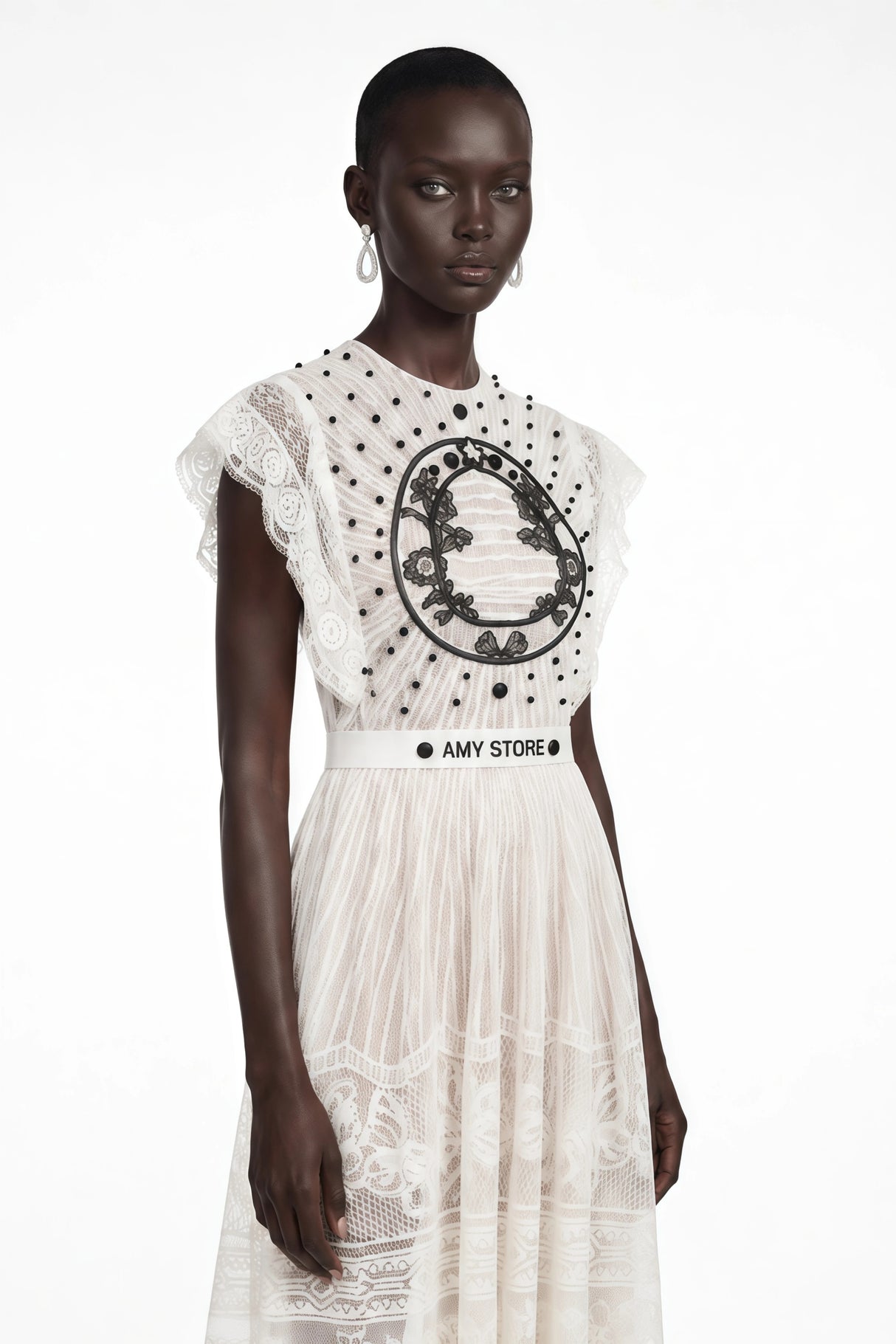 Phoebe White Jacquard Florallace Pleated Midi Dress