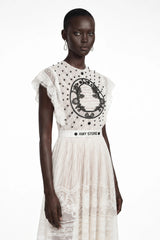 Phoebe White Jacquard Florallace Pleated Midi Dress