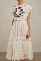 Phoebe White Jacquard Florallace Pleated Midi Dress