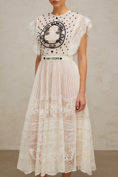 Brinley Midi Dress White Jacquard Floral-lace Pleated