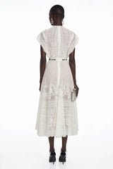 Phoebe White Jacquard Florallace Pleated Midi Dress