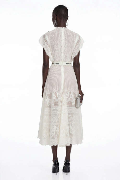 Chelsea Midi Dress White Jacquard Floral-lace Pleated