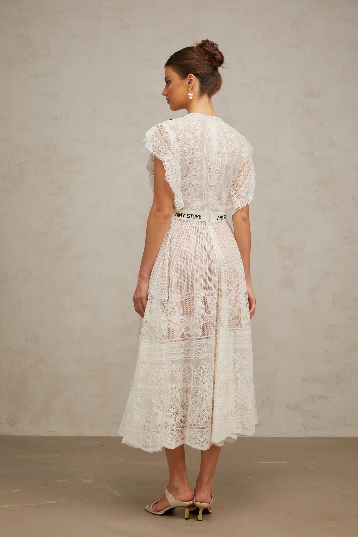 Phoebe White Jacquard Florallace Pleated Midi Dress