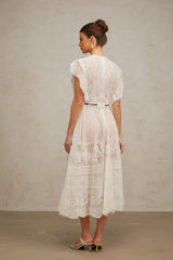 Phoebe White Jacquard Florallace Pleated Midi Dress