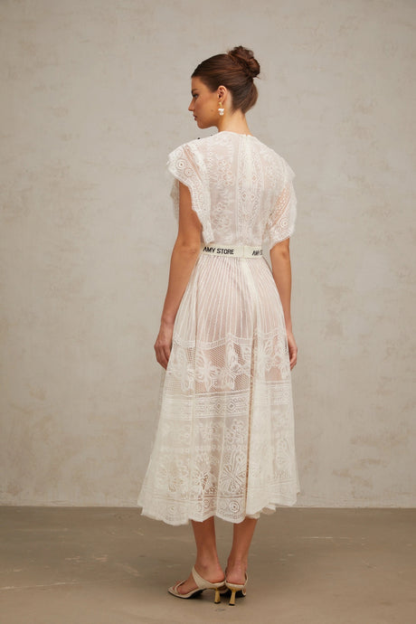 Brinley Midi Dress White Jacquard Floral-lace Pleated