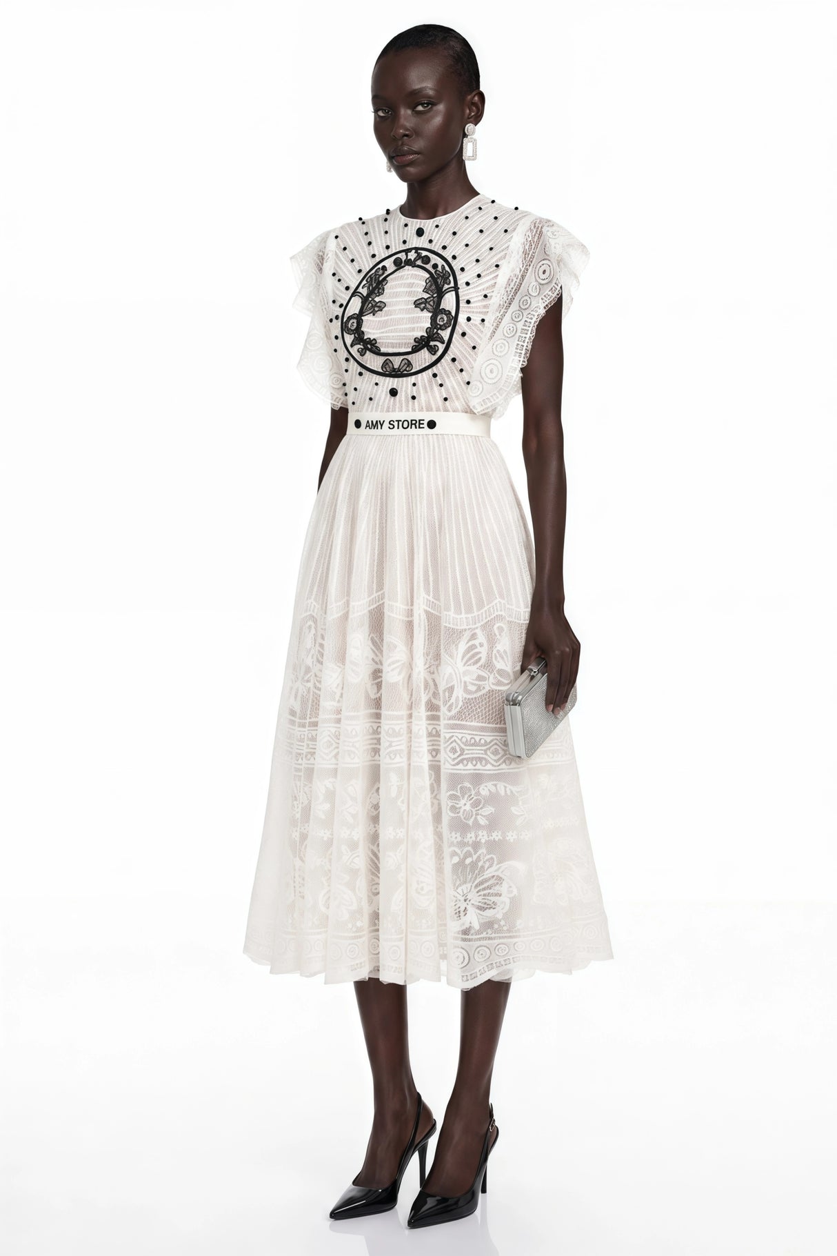 Phoebe White Jacquard Florallace Pleated Midi Dress