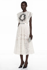 Phoebe White Jacquard Florallace Pleated Midi Dress
