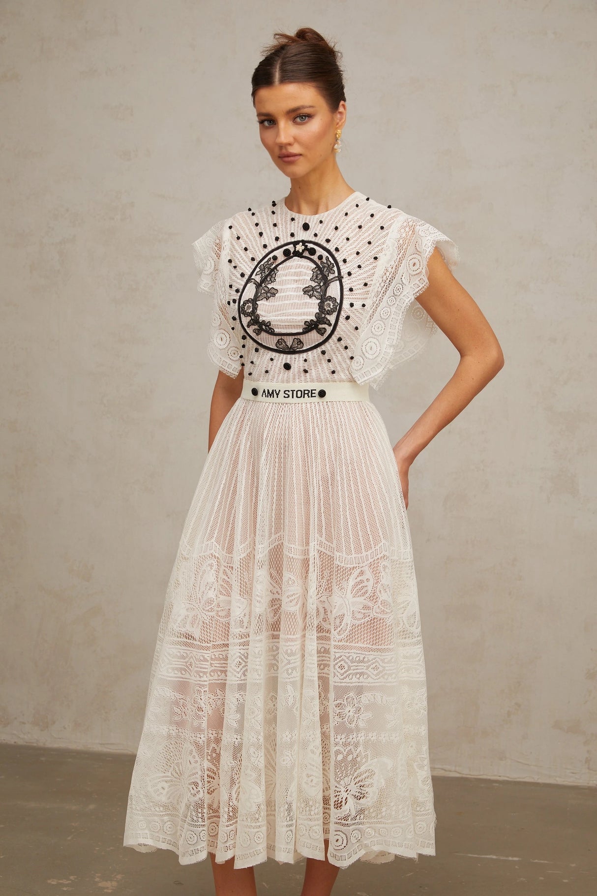 Phoebe White Jacquard Florallace Pleated Midi Dress