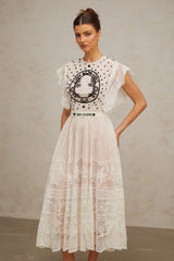 Phoebe White Jacquard Florallace Pleated Midi Dress