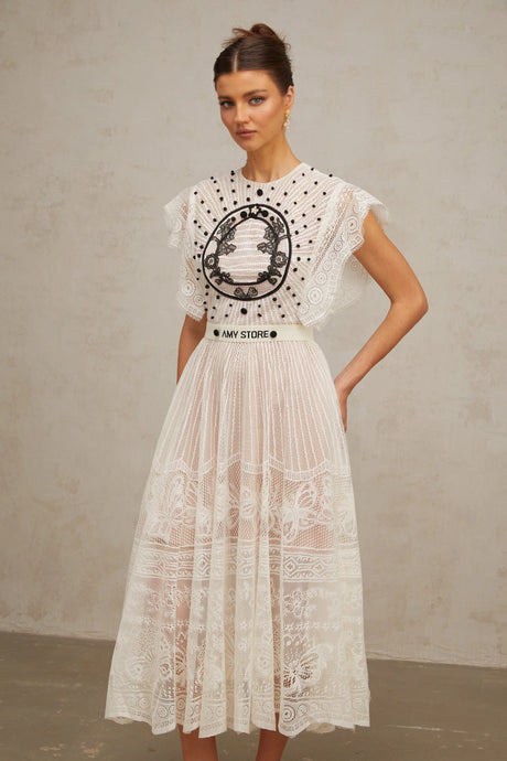 Brinley Midi Dress White Jacquard Floral-lace Pleated