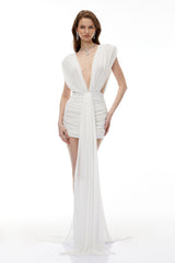 Phoebe White Plunge Neck Bodycon Dress with Bow