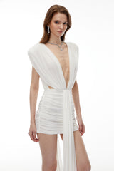 Phoebe White Plunge Neck Bodycon Dress with Bow