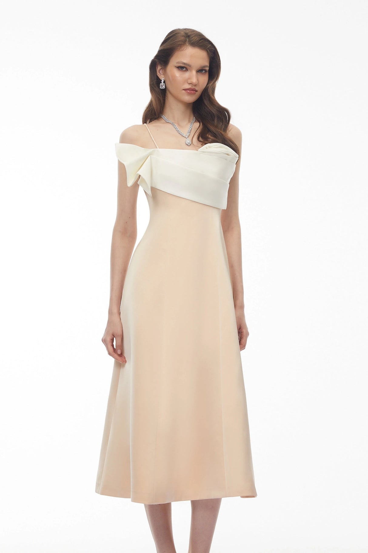 Phoenix Champagne Off Shoulder Draped Floral Midi Dress
