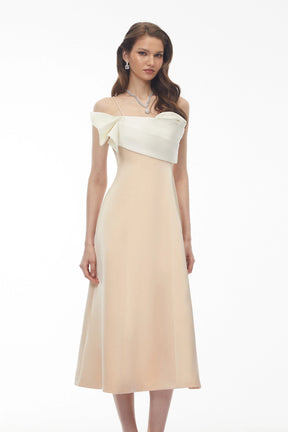 Phoenix Champagne Off Shoulder Draped Floral Midi Dress