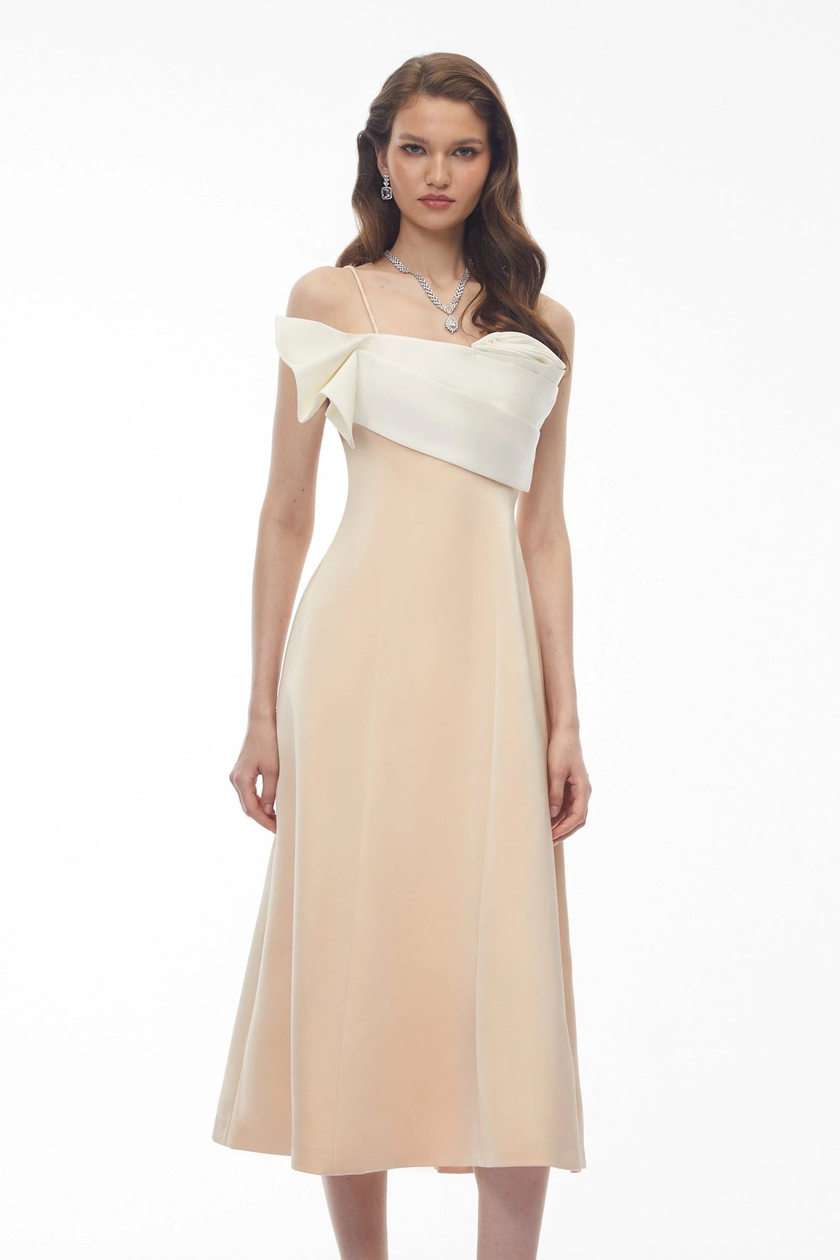Phoenix Champagne Off Shoulder Draped Floral Midi Dress
