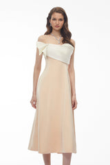 Phoenix Champagne Off Shoulder Draped Floral Midi Dress