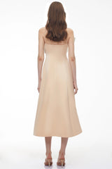 Phoenix Champagne Off Shoulder Draped Floral Midi Dress
