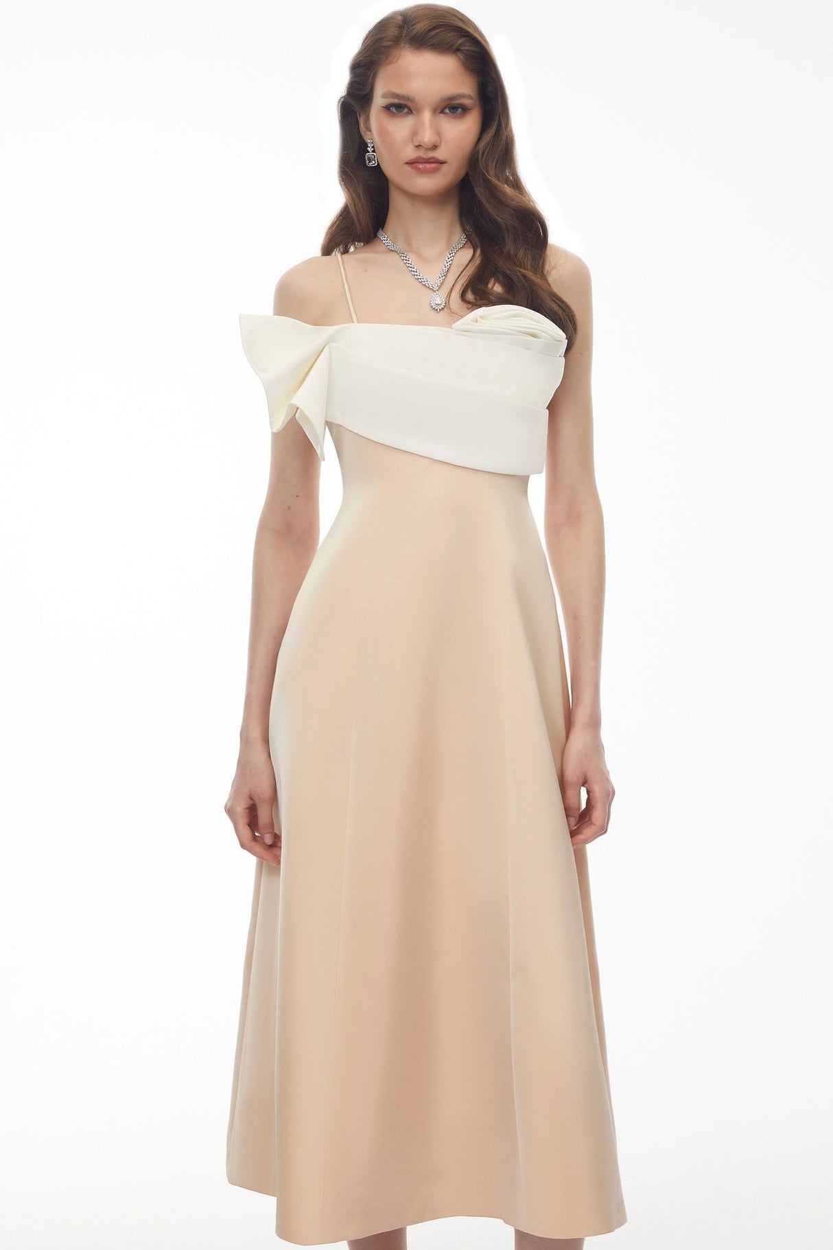 Phoenix Champagne Off Shoulder Draped Floral Midi Dress