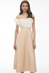 Phoenix Champagne Off Shoulder Draped Floral Midi Dress