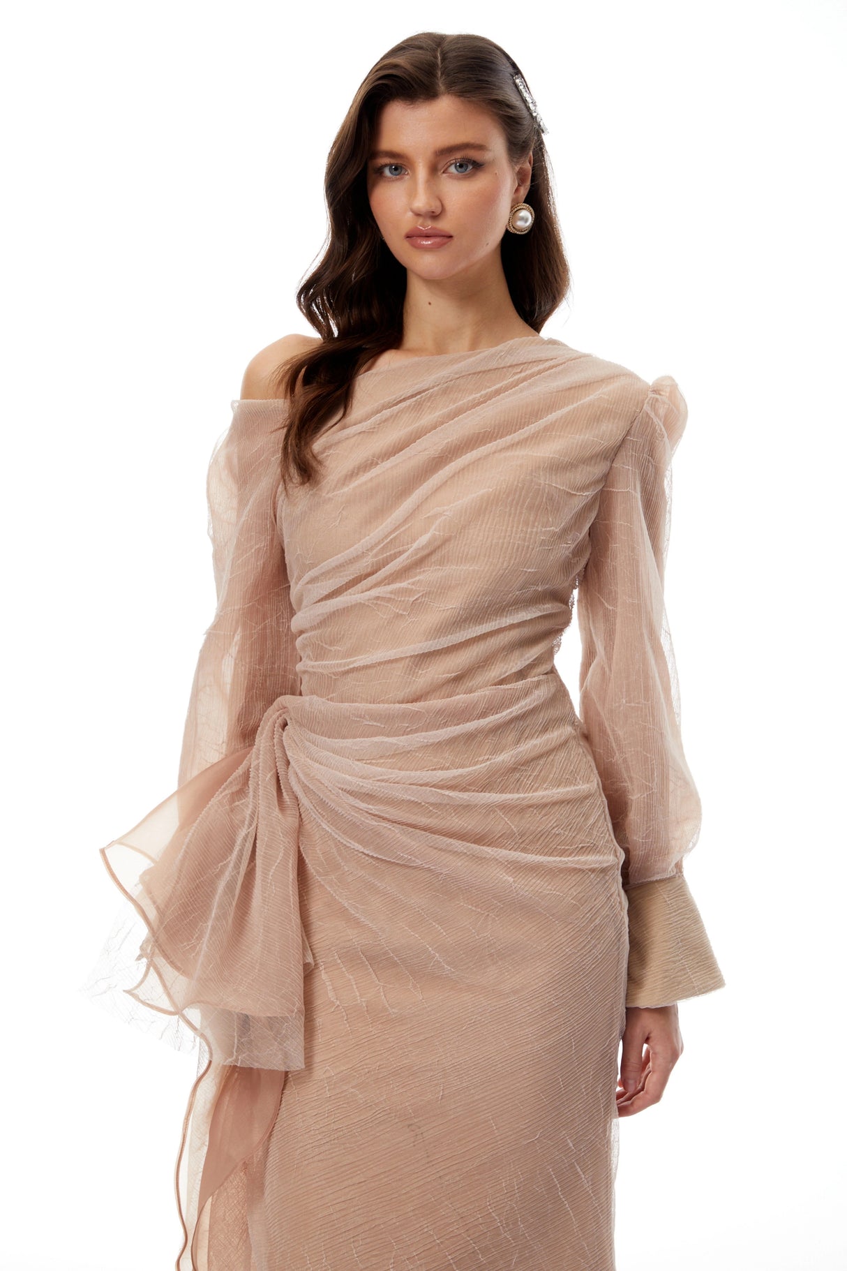 Pietro Khaki Asymmetrical Gathered Midi Dress